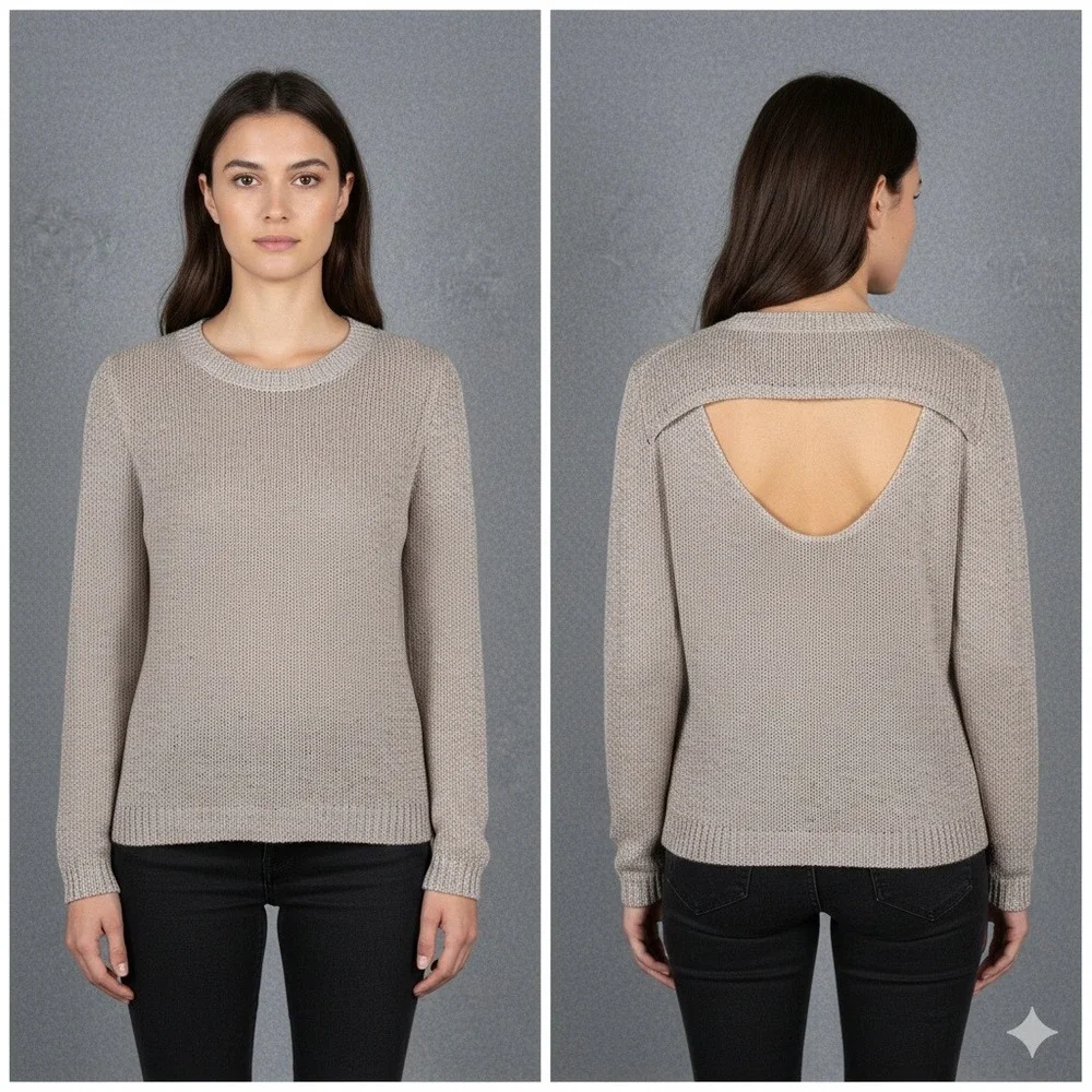 Michael Kors Metallic‎ Thread Open Back Sweater Small Sheer Knit Neutral Shimmer